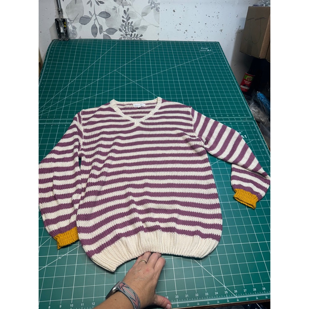 Grace & Lace Womens Striped V-Neck Knit Sweater Cream Plum Mustard Yellow Small